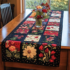Folk Flower Blocks on Black Table Runner