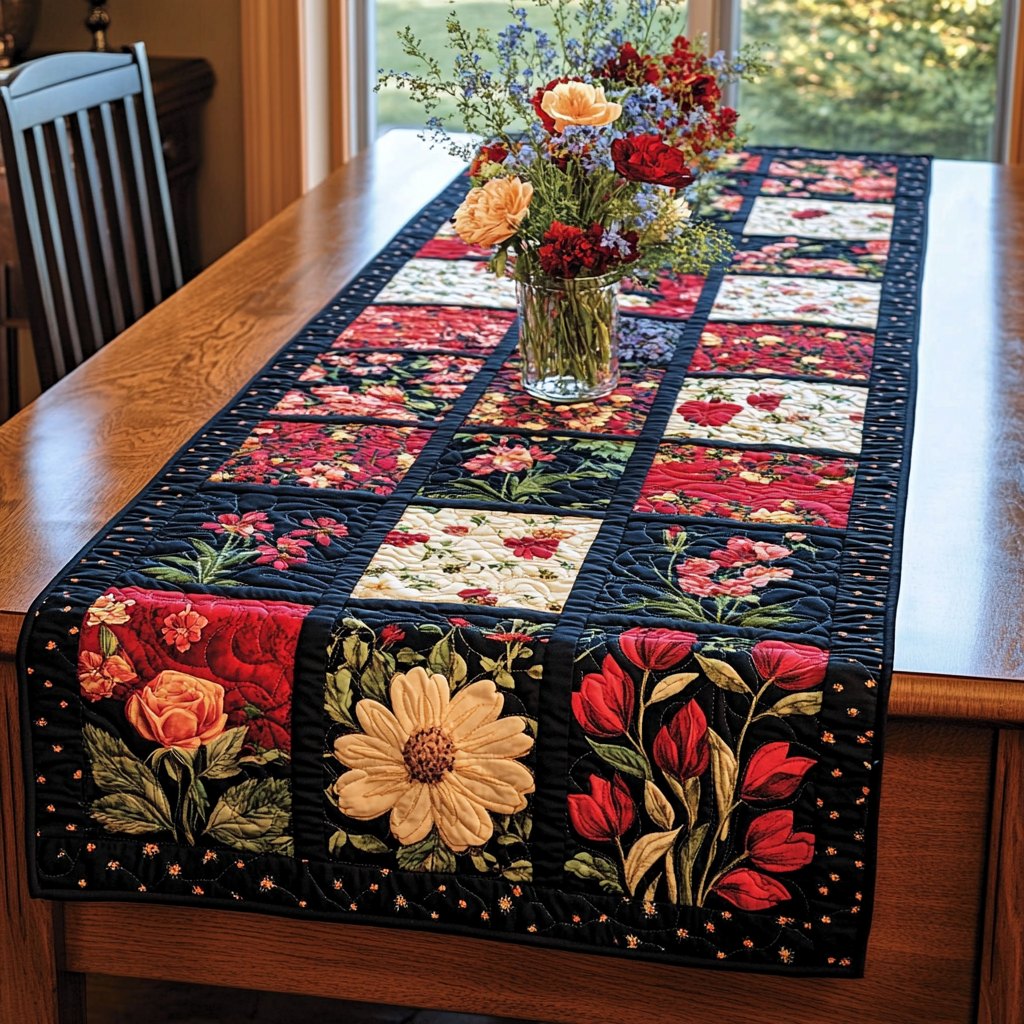 Folk Flower Blocks on Black Table Runner