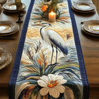Heron with White Bloom on Blue Table Runner