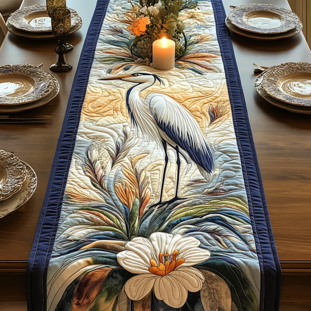 Heron with White Bloom on Blue Table Runner