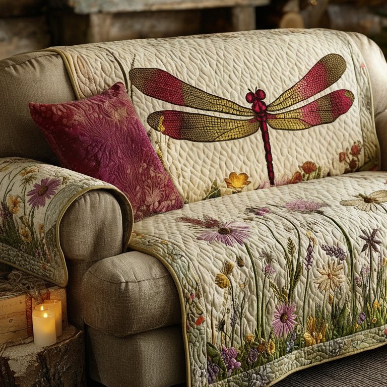 Dragonfly on the Cream Floral Quilt Sofa Cover