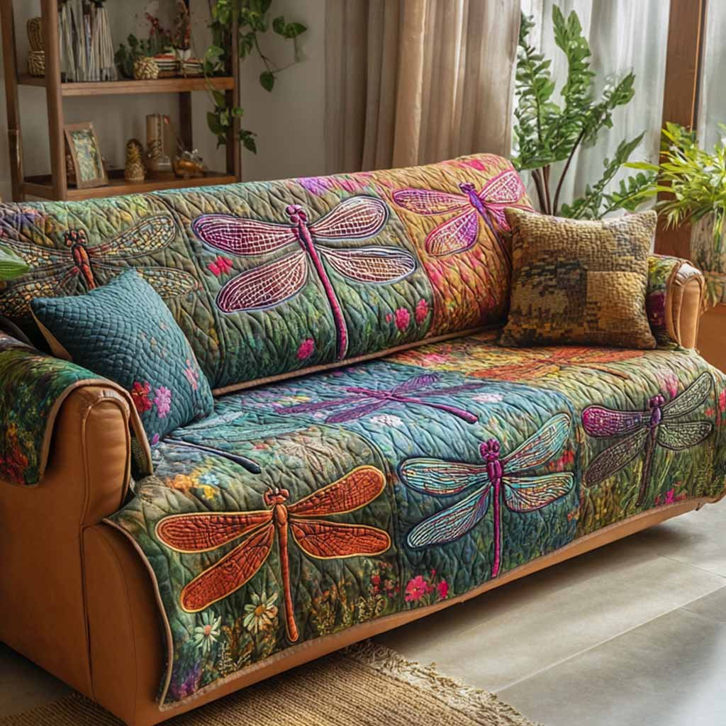 Dragonflies Over Green Garden Blocks Sofa Cover
