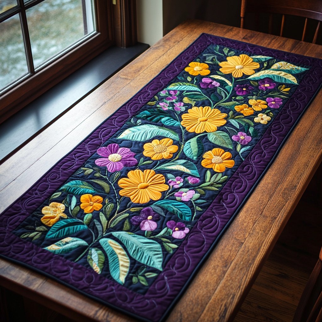 Bright Flowers on Purple and Black Table Runner