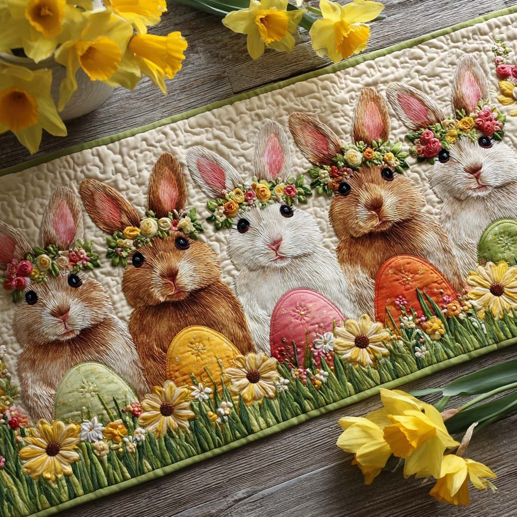 Bunnies in Flower Crowns with Eggs Table Runner