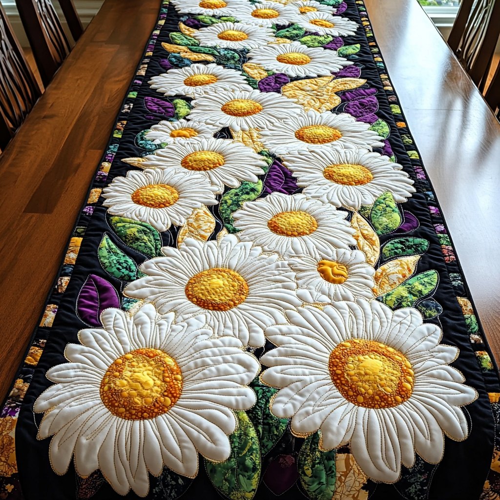 White Daisies on Green Leaves Table Runner