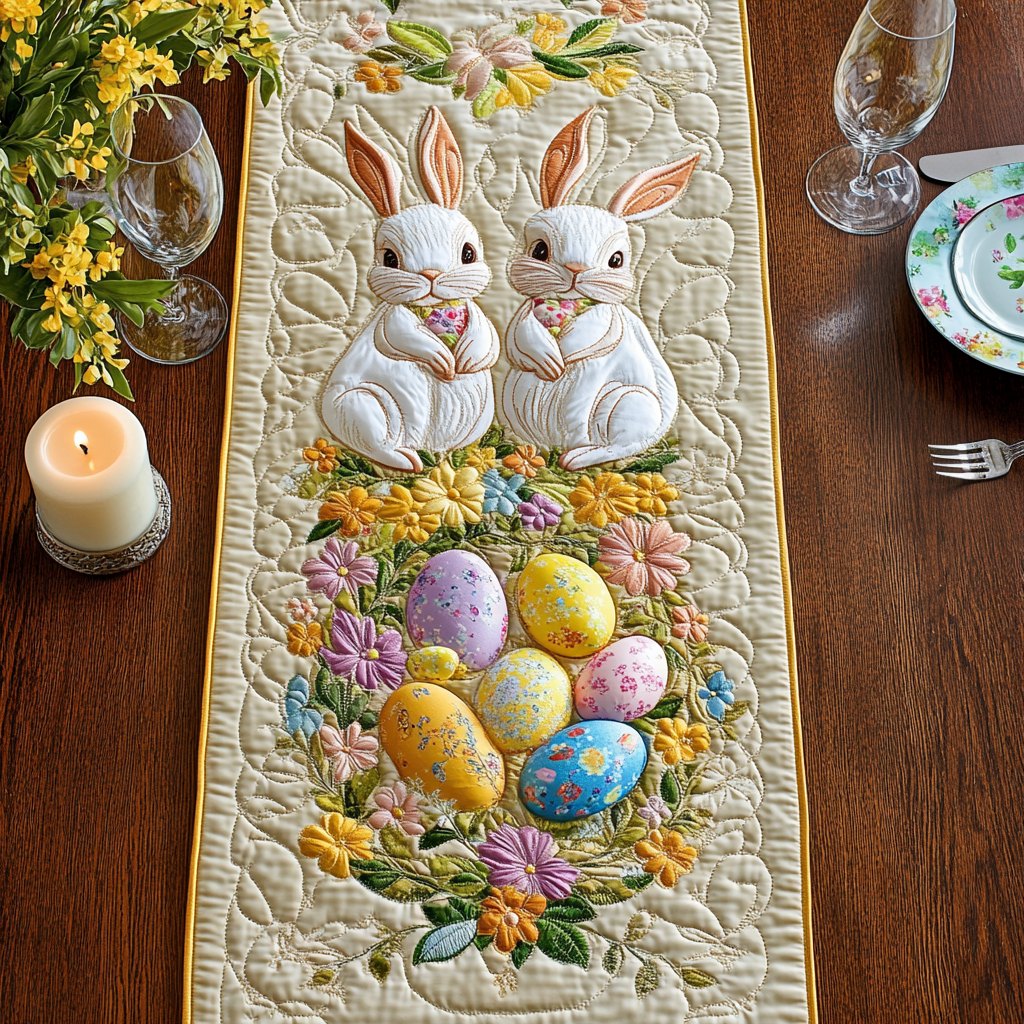 Two Bunnies with Easter Eggs Table Runner