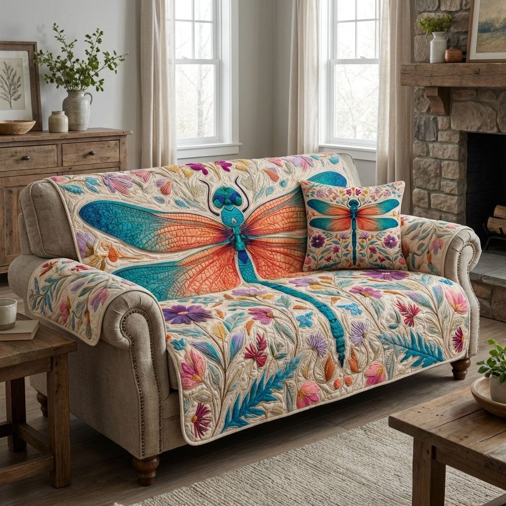 Dragonfly with Pastel Garden Flowers Sofa Cover