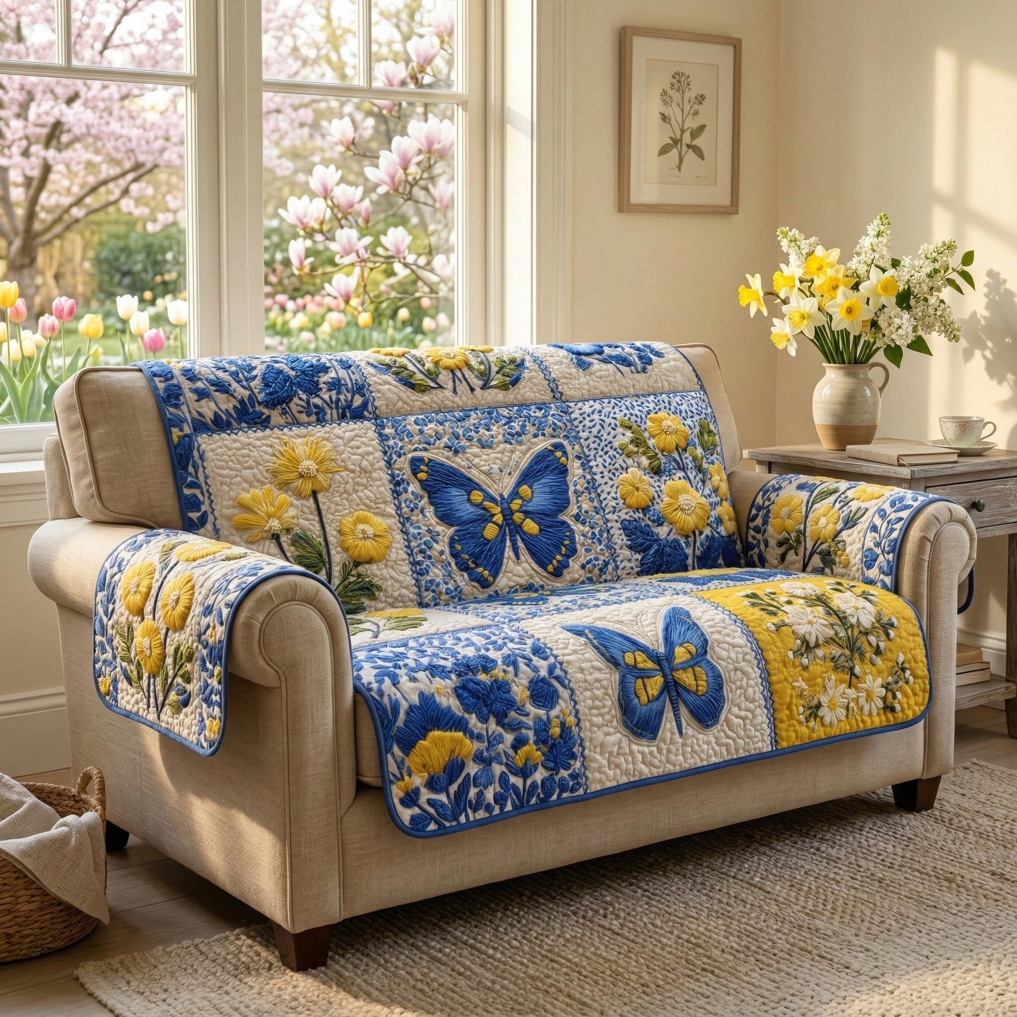 Blue Butterflies with Yellow Flowers Sofa Cover