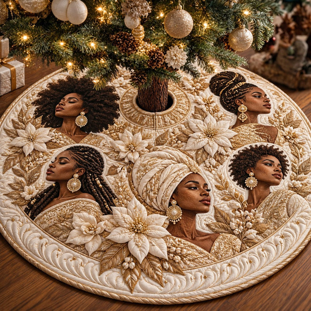 Cream Poinsettia Melanin Queens Christmas Tree Skirt
