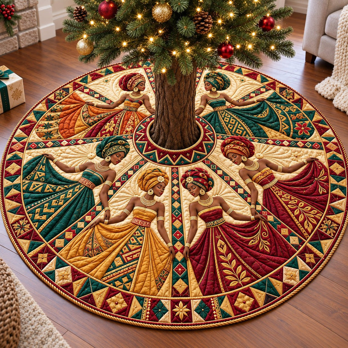 Golden Gown Melanin Queens Christmas Tree Skirt