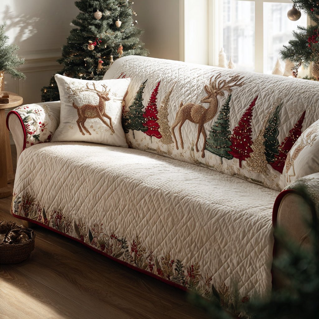 Deer and Trees on Cream Quilt Sofa Cover