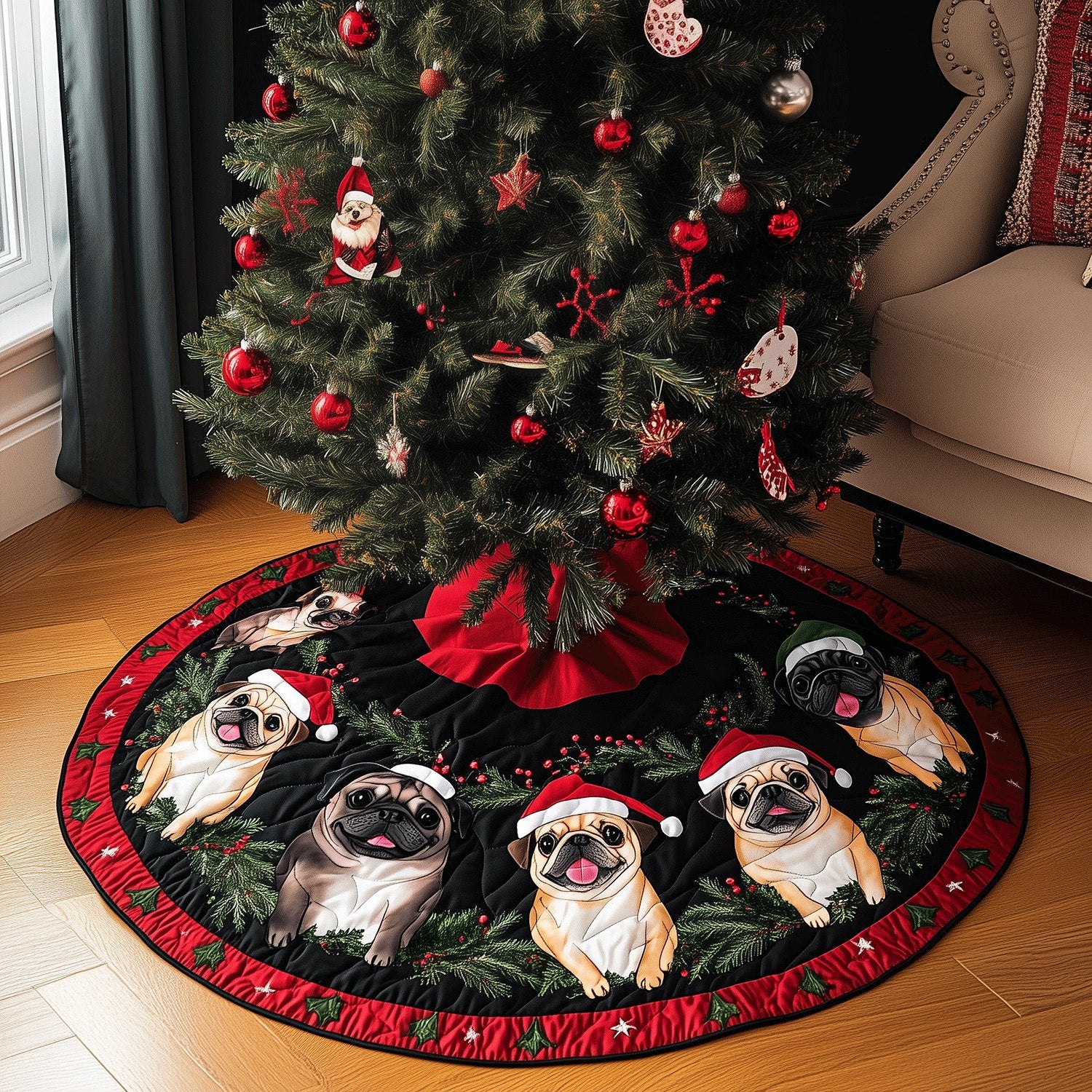 Merry Pugs Christmas Tree Skirt