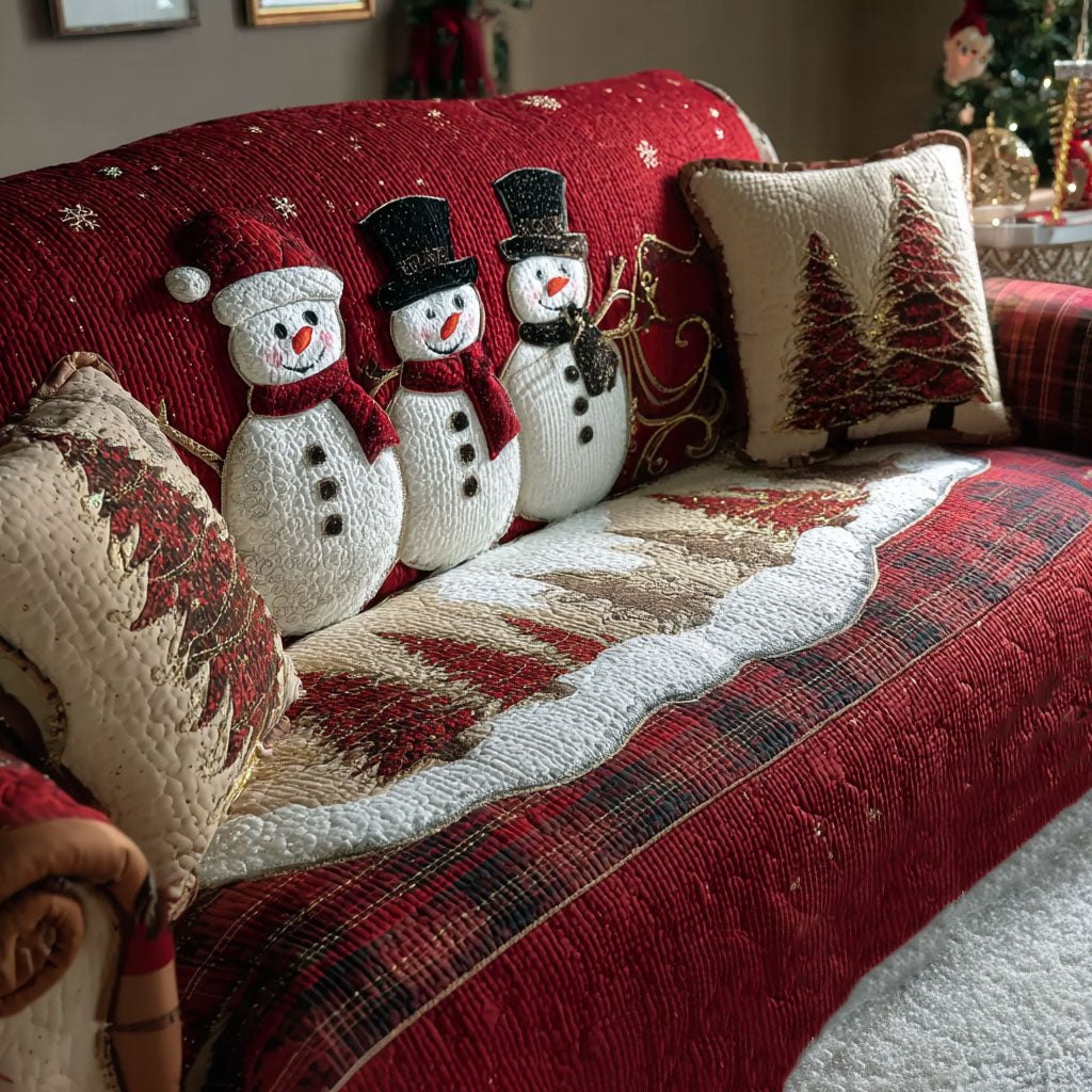 Snowmen on Cream and Red Plaid Sofa Cover
