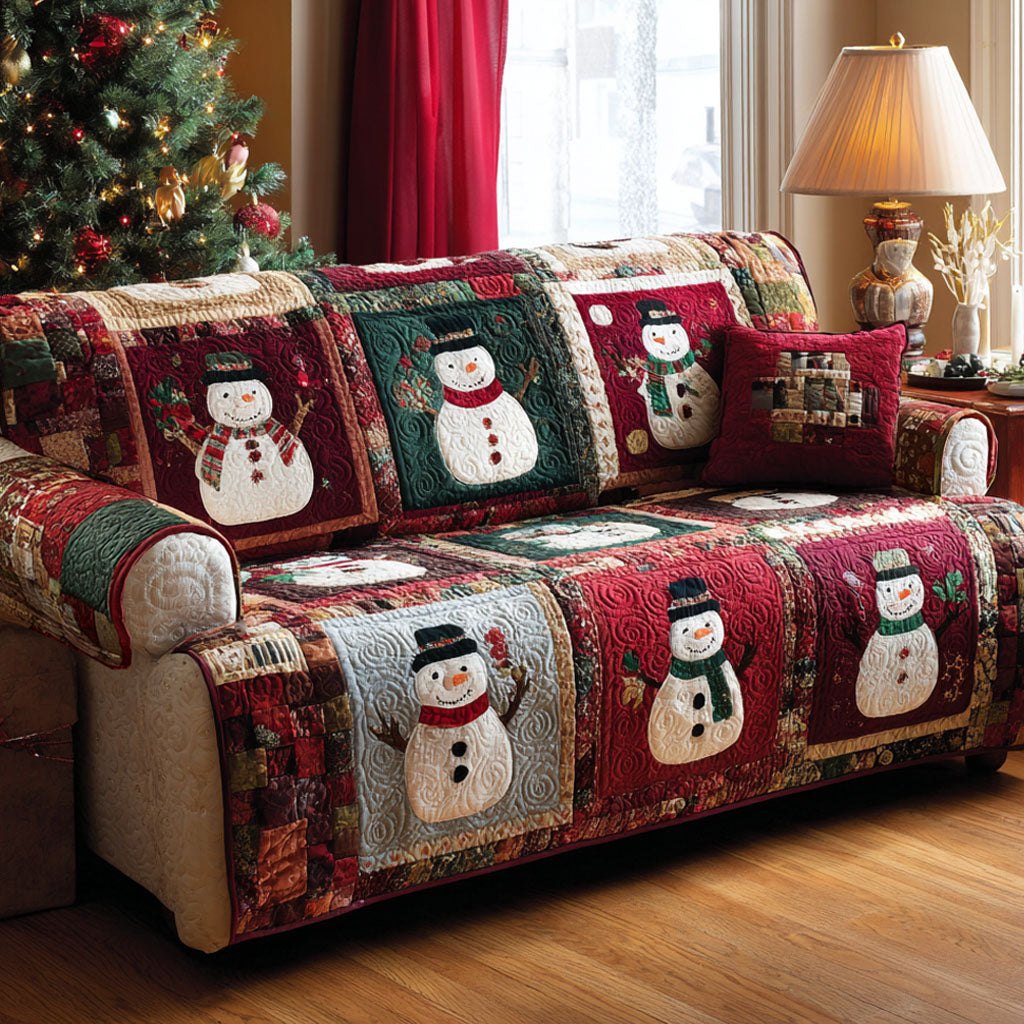 Snowmen on Red and Green Patches Sofa Cover