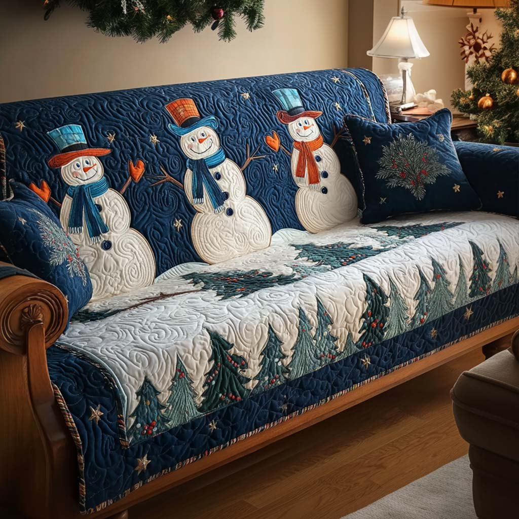 Snowmen and Pine Trees on Navy Sofa Cover