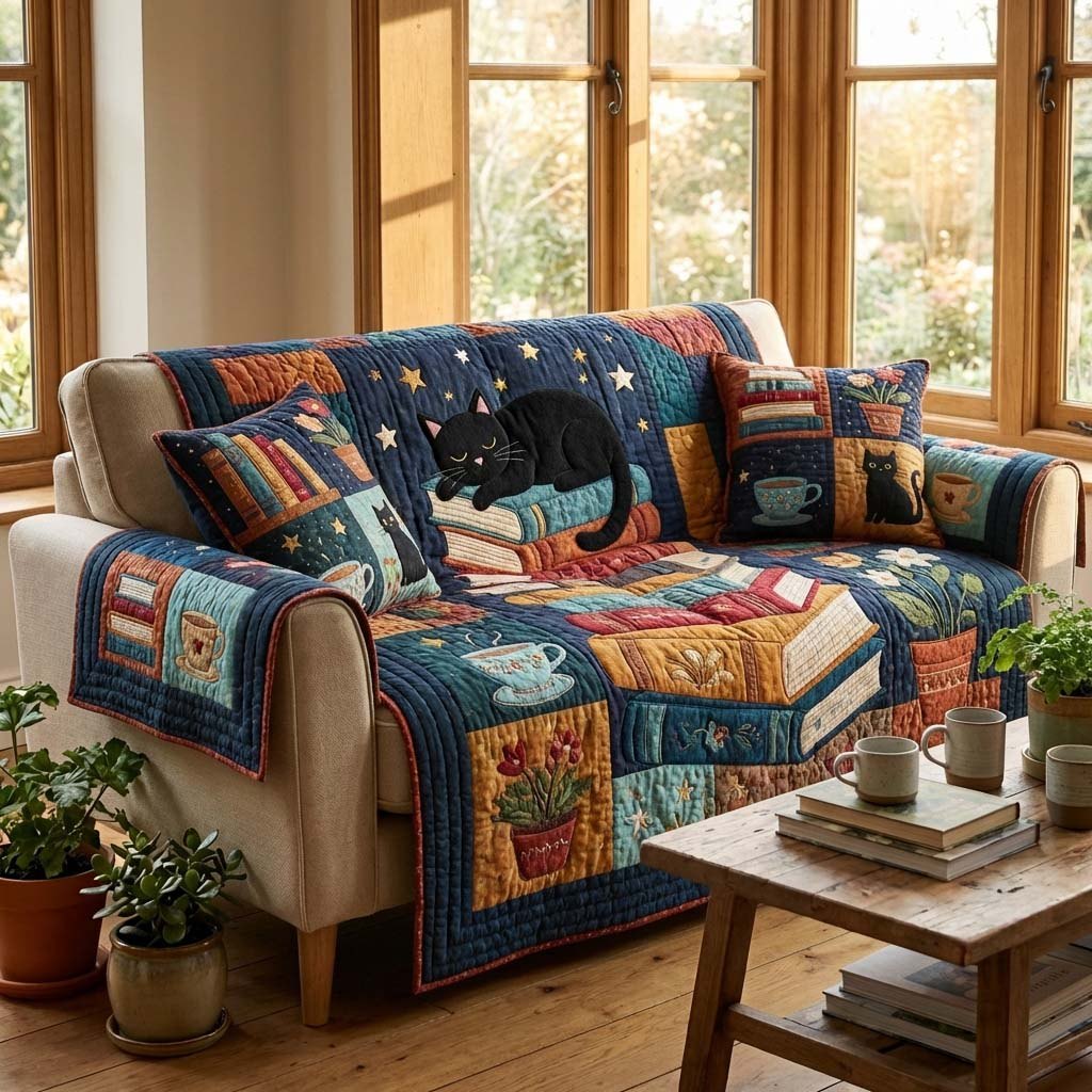Midnight Cat Library Sofa Cover