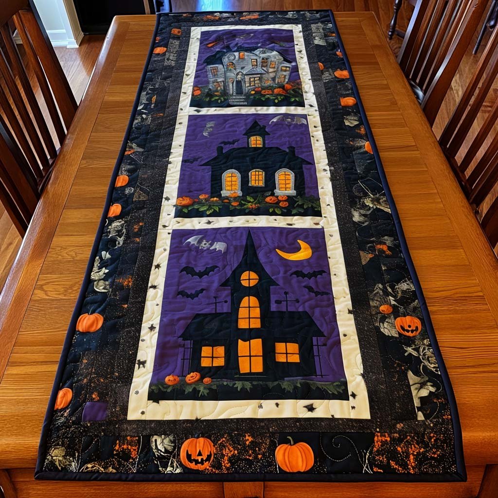 Haunted House on Purple Panel Table Runner