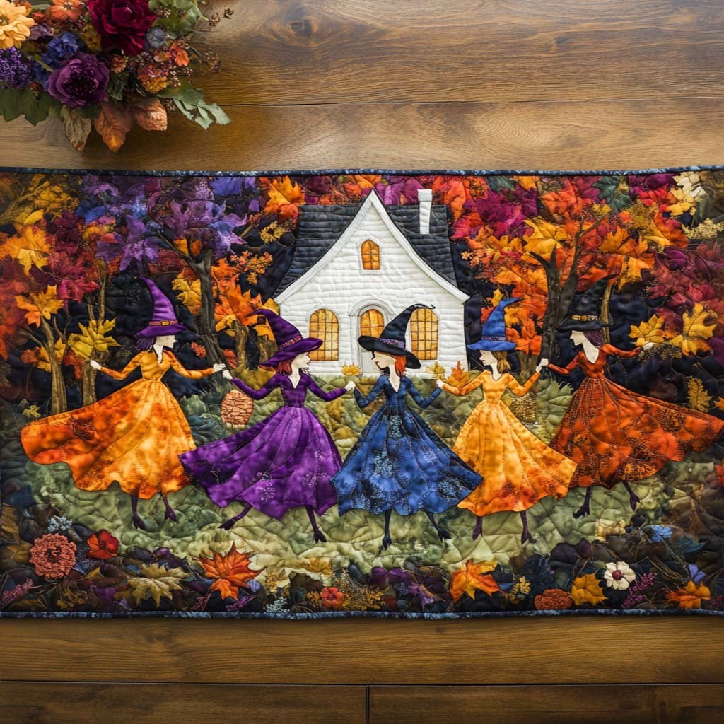 Witches in an Autumn Village Table Runner