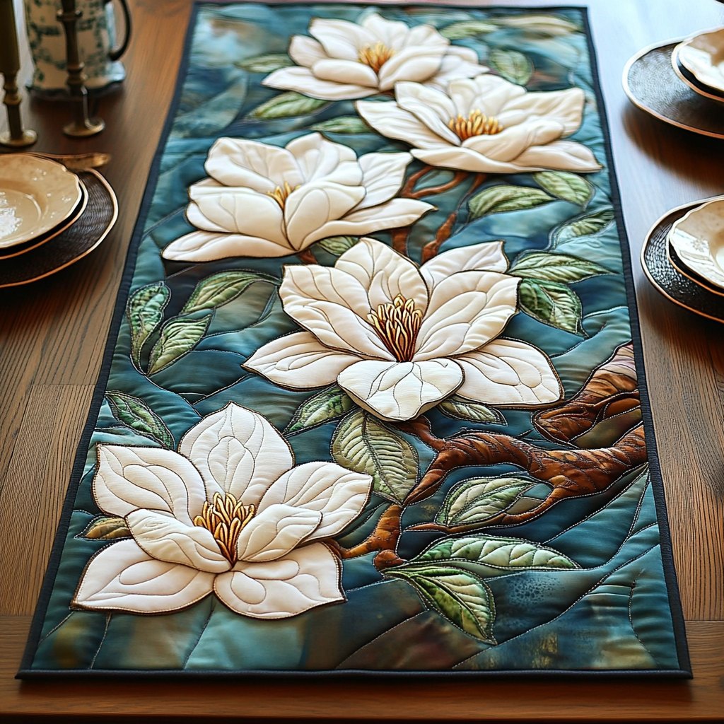 White Magnolia on Teal Branches Table Runner