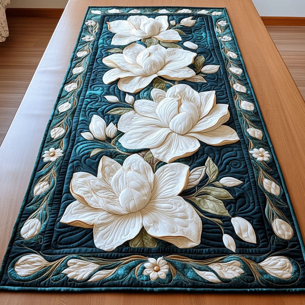 White Magnolia on Teal Panel Table Runner