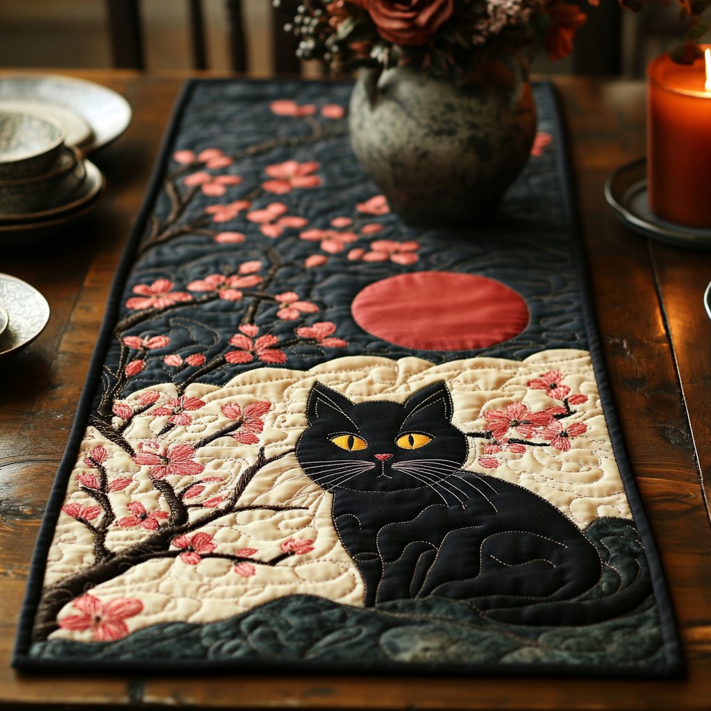 Midnight Sakura Cat Table Runner