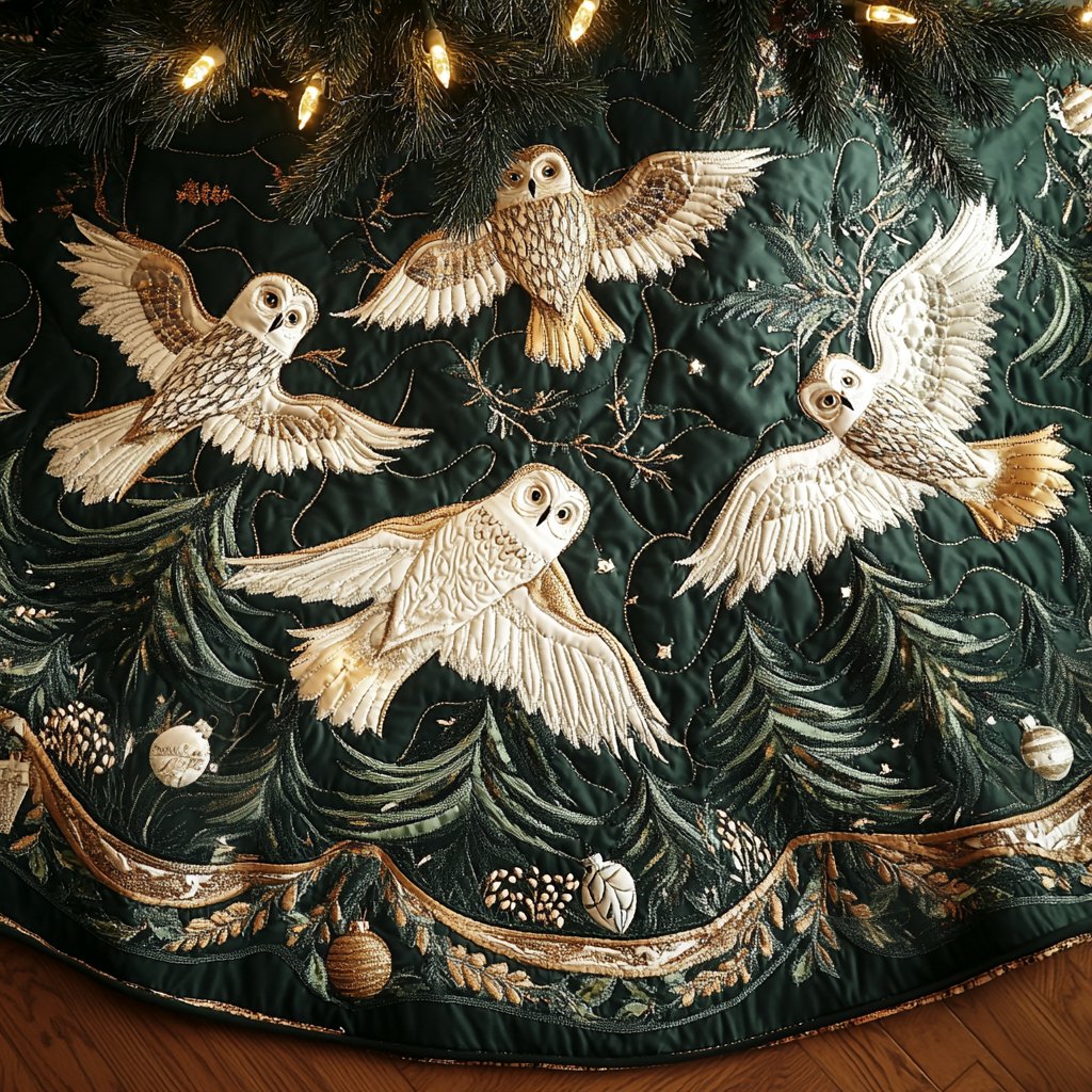 Midnight Snow Owls Christmas Tree Skirt