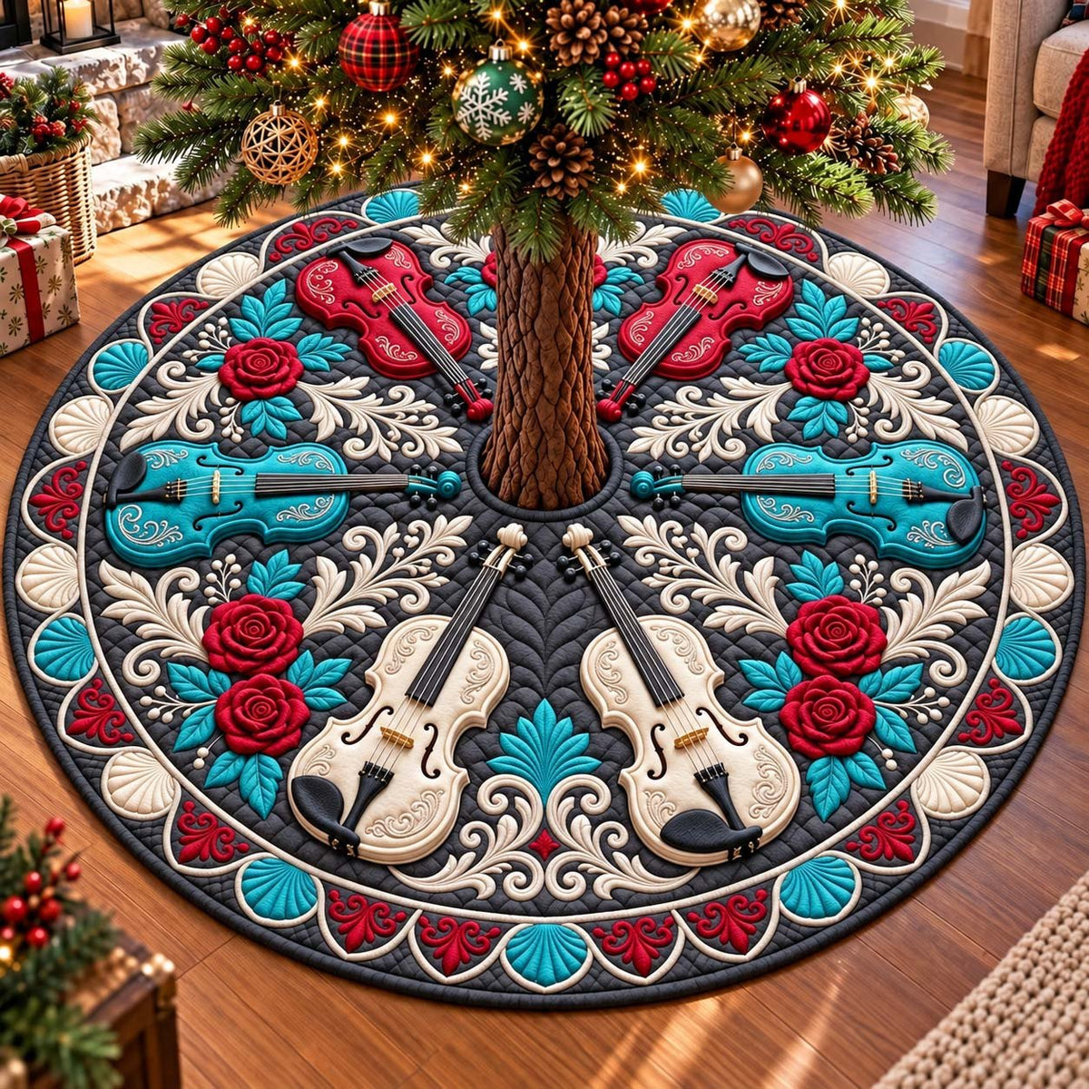Midnight Violin Romance Christmas Tree Skirt