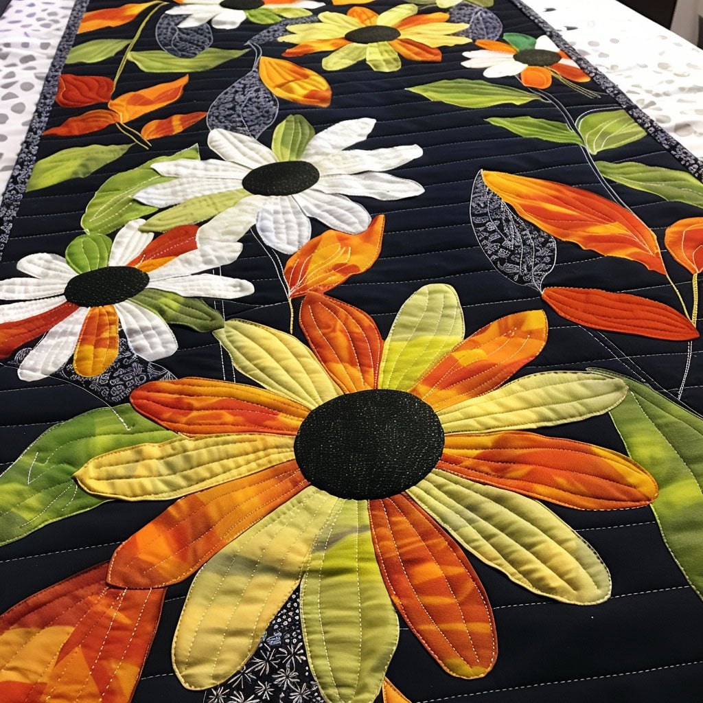 Orange Daisy on Black Panel Table Runner