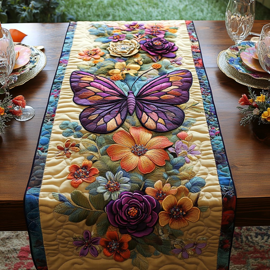 Purple Butterfly with Garden Flowers Table Runner