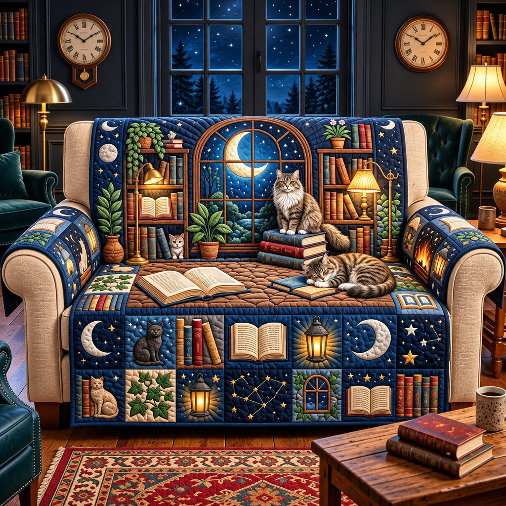 Moonlit Cat Library Sofa Cover