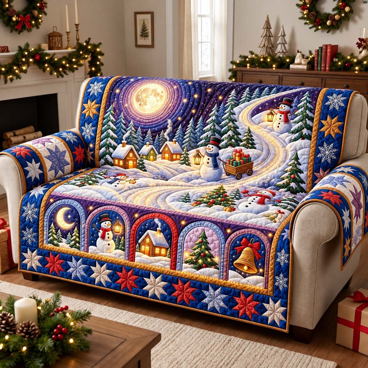 Moonlit Snowman Trail Sofa Cover