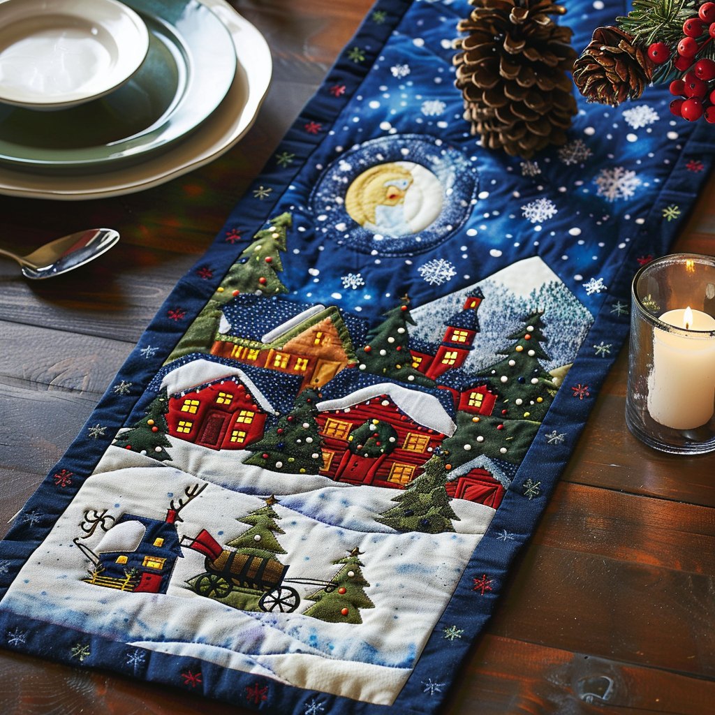 Moonlit Christmas Village Table Runner