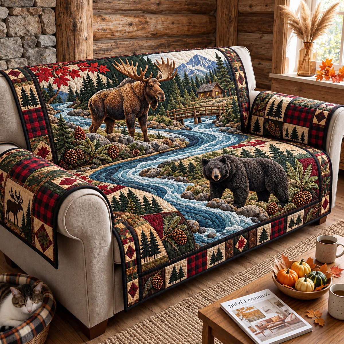 Moose and Black Bear Mountain River Sofa Cover