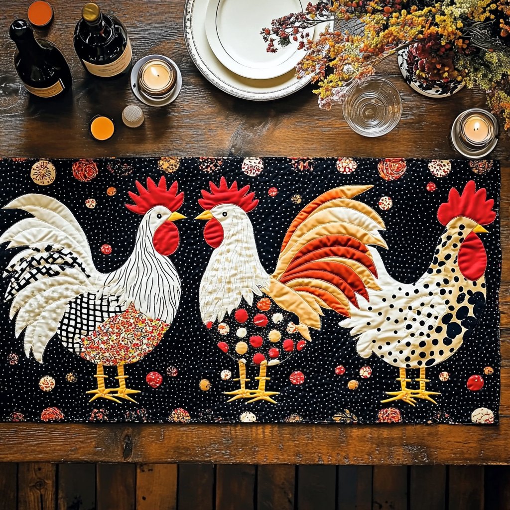 Roosters and Hens on Black Table Runner