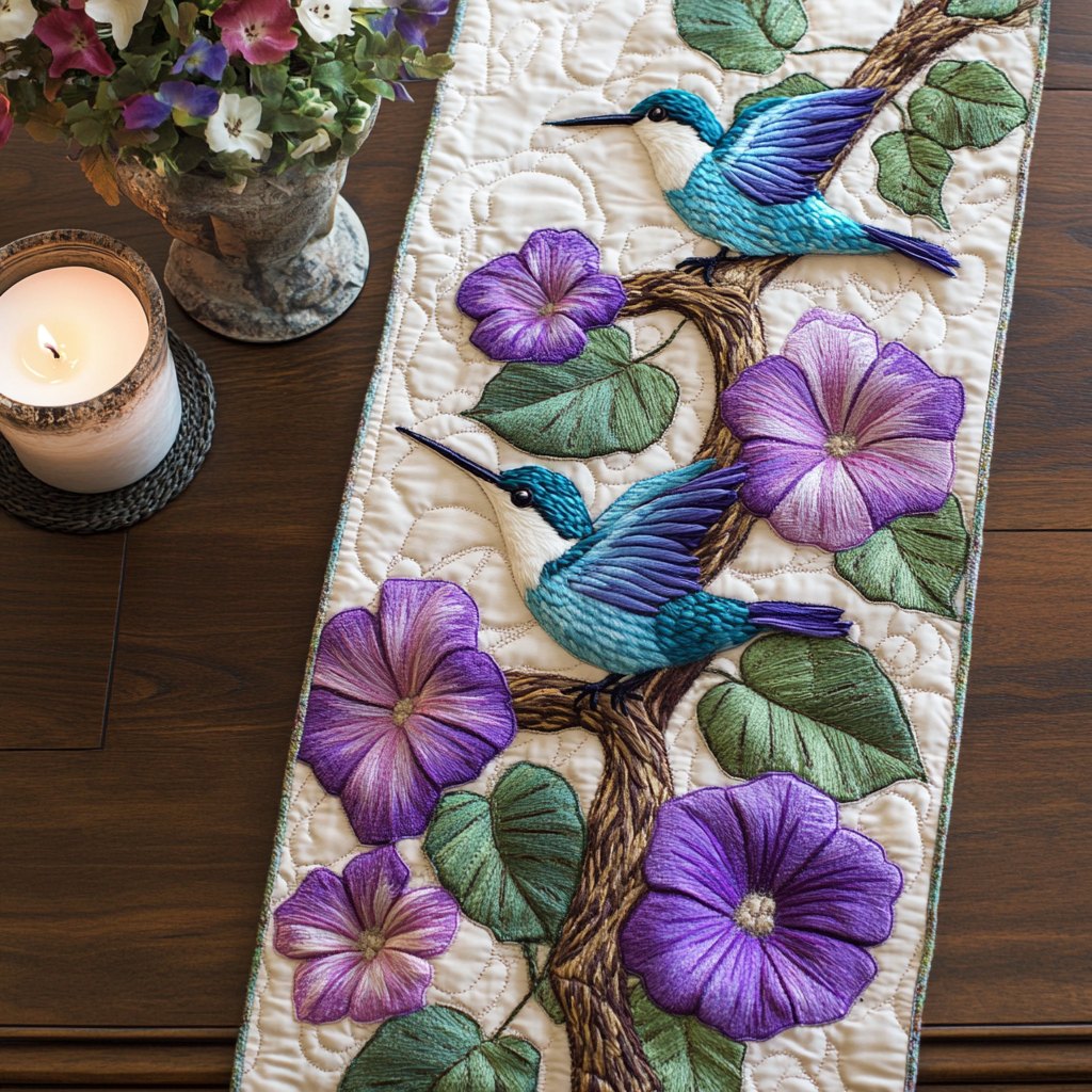 Hummingbird with Purple Morning Glory Table Runner