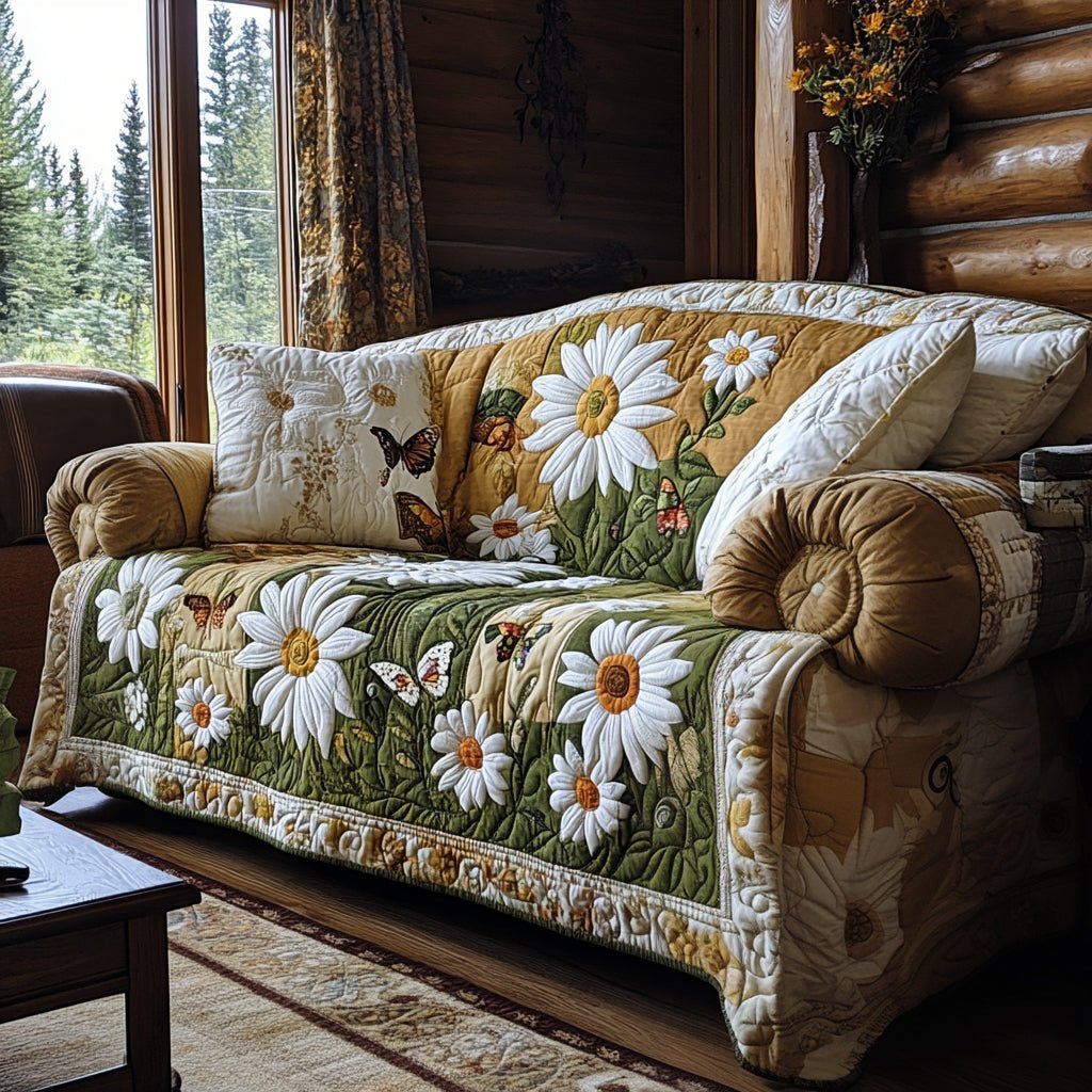 Daisies on Green with Butterflies Sofa Cover