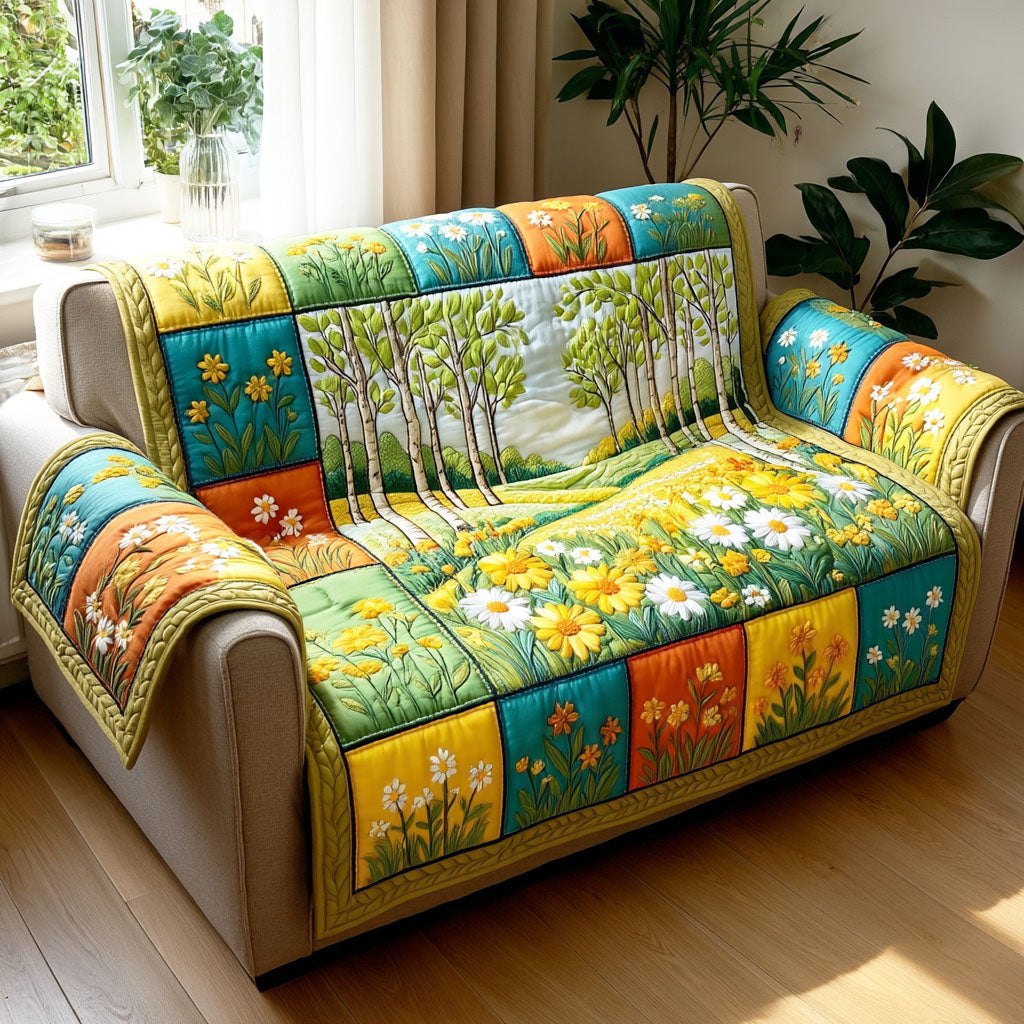 Birch Trees and Daisies on Squares Sofa Cover