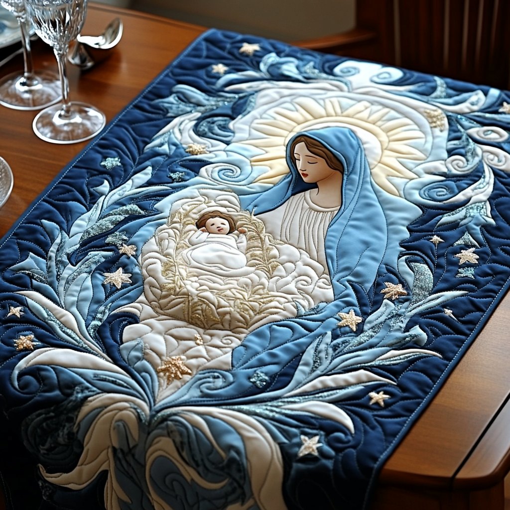 Madonna and Child in Blue Swirls Table Runner