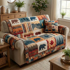 Bears and Moose in Woodland Blocks Sofa Cover