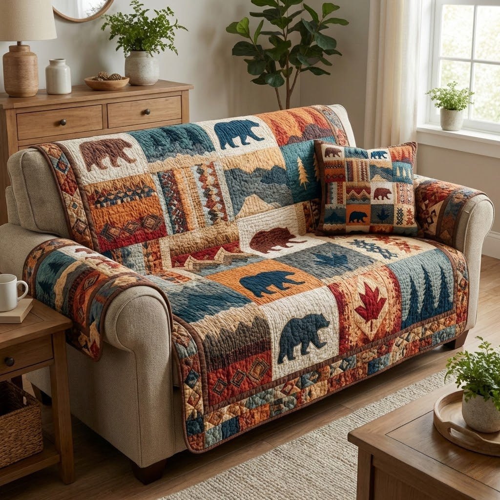 Bears and Moose in Woodland Blocks Sofa Cover