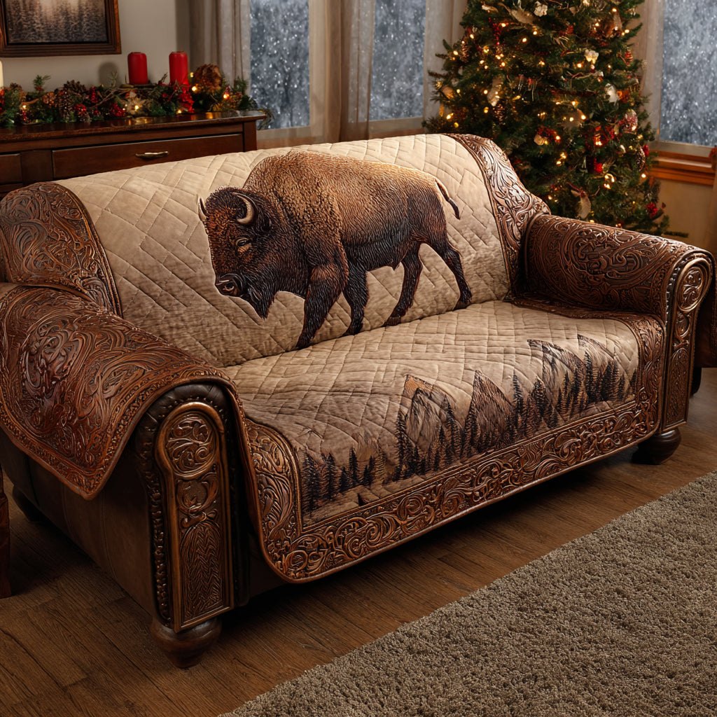 Bison on Warm Brown Quilt Sofa Cover