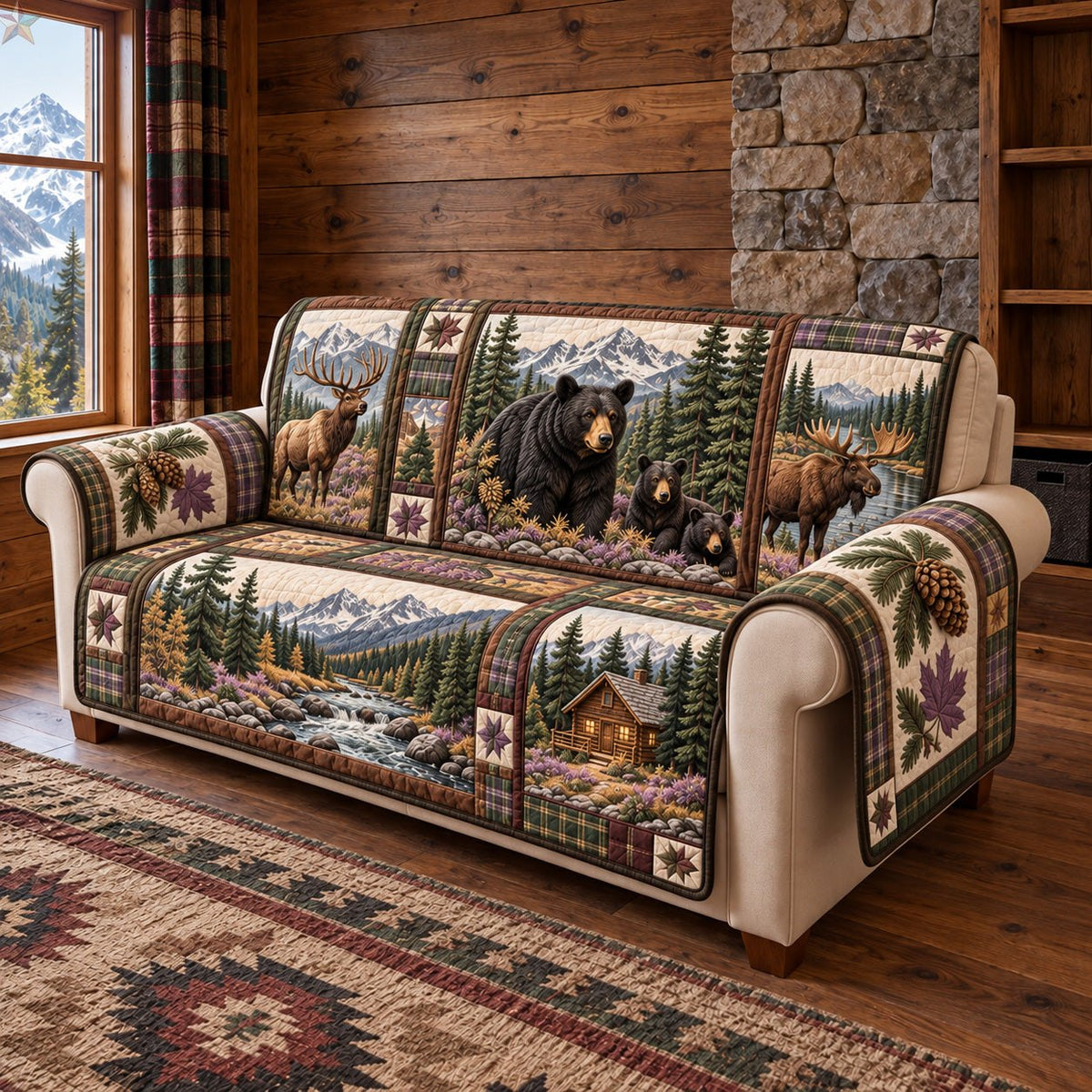 Mountain Wildlife Bear and Moose Sofa Cover
