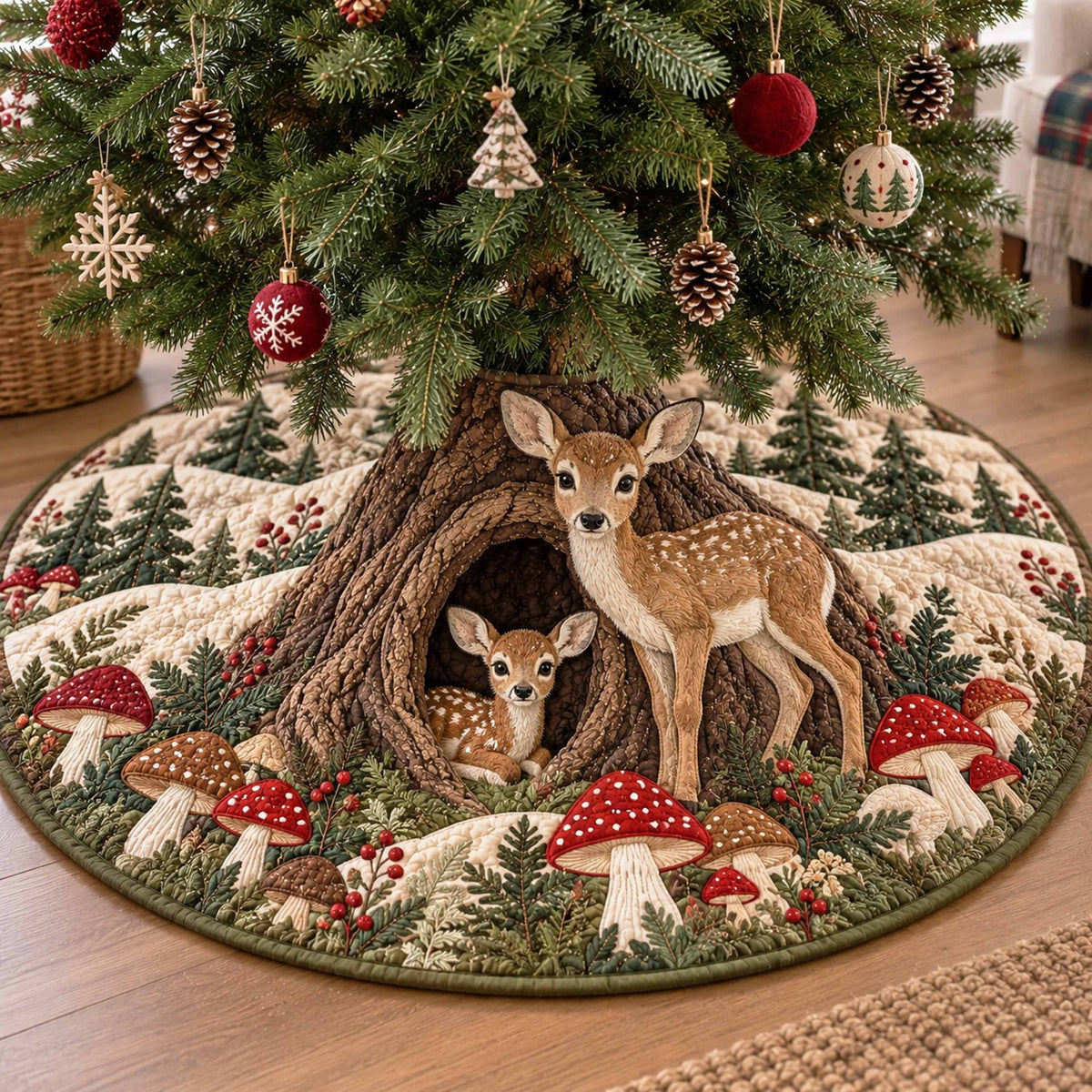 Mushroom Fawn Christmas Tree Skirt