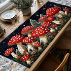 Red Mushrooms on Black Ground Table Runner