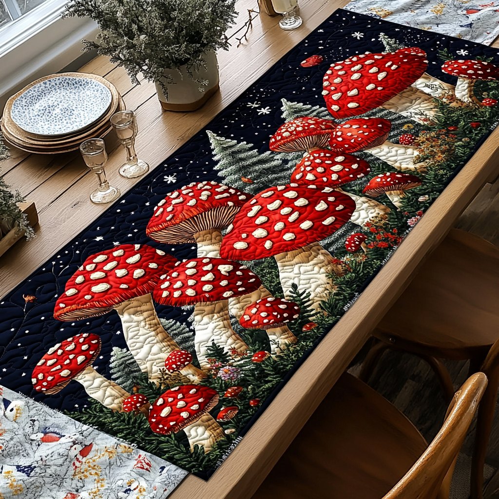 Red Mushrooms on Black Ground Table Runner