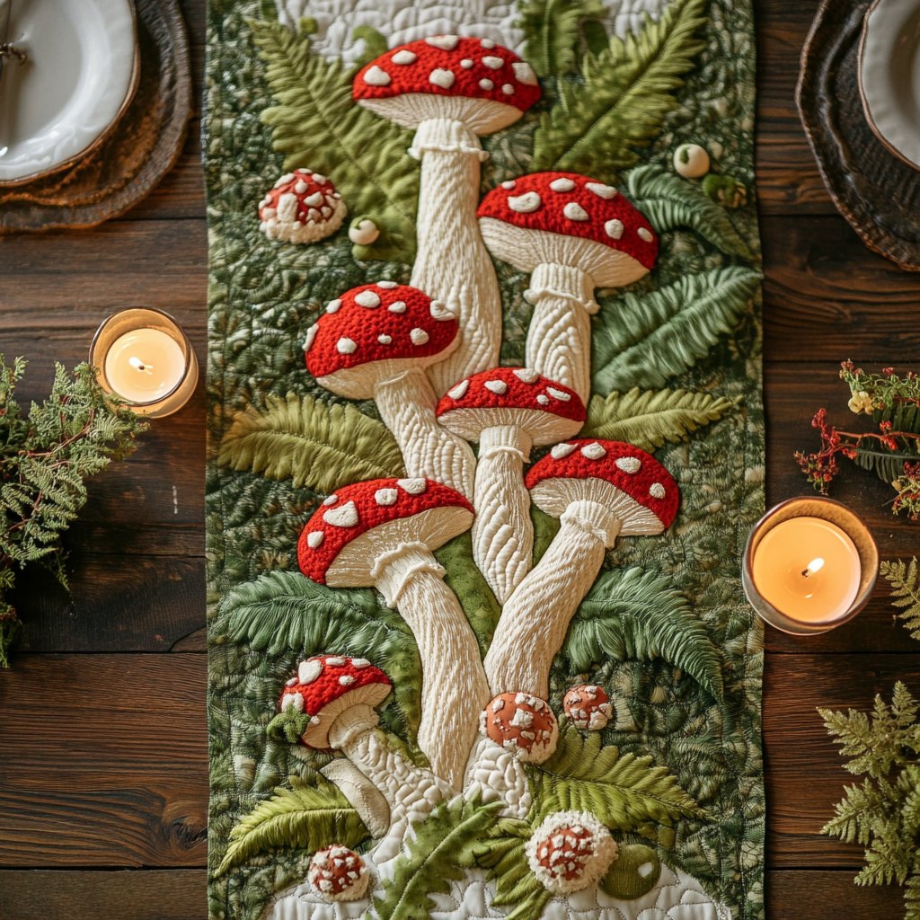 Red Mushrooms on Green Grass Table Runner