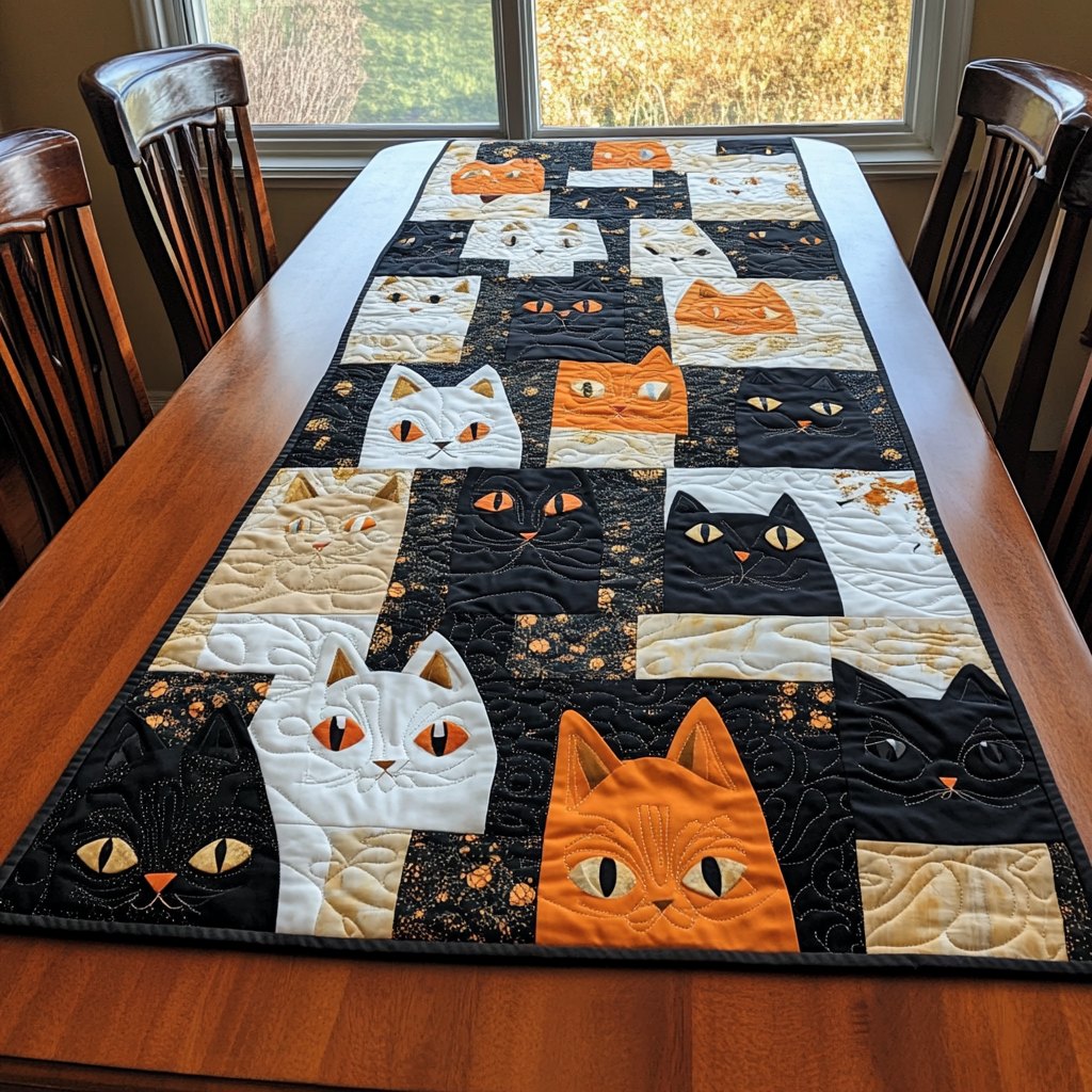 Cat Blocks in Black and Orange Table Runner