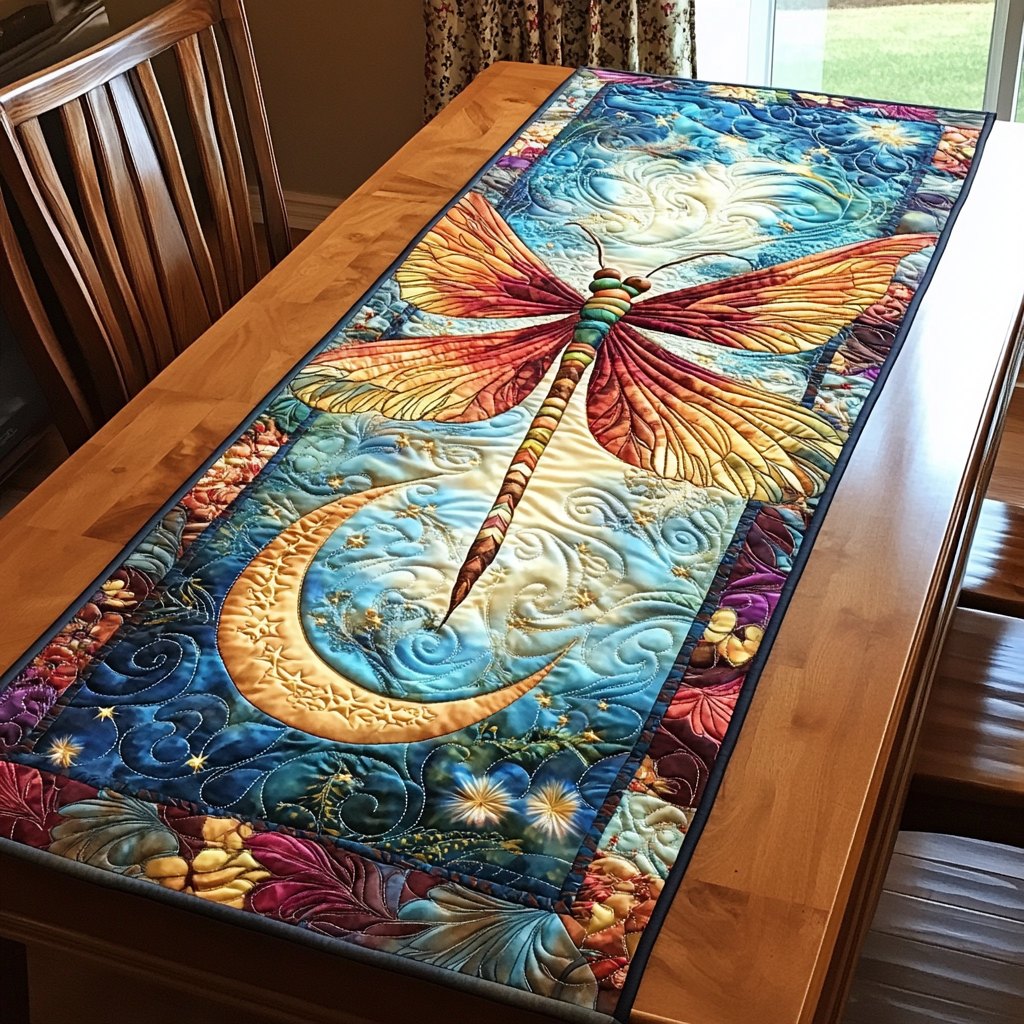 Red Dragonfly on Blue Moon Table Runner