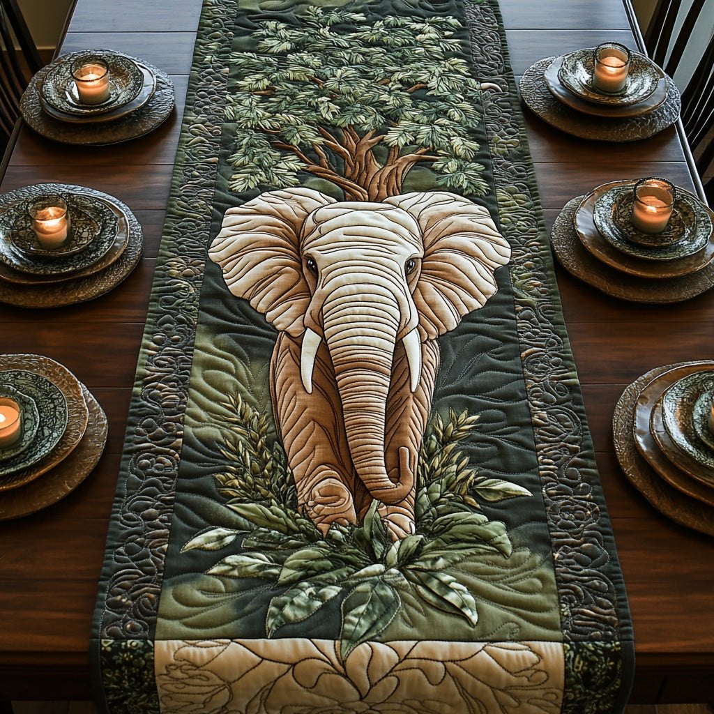 White Elephant Head on Green Table Runner