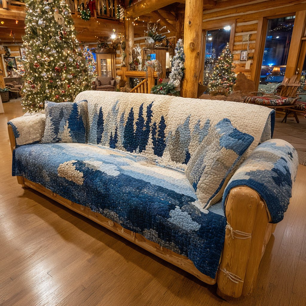 Snowy Forest on Blue and White Sofa Cover